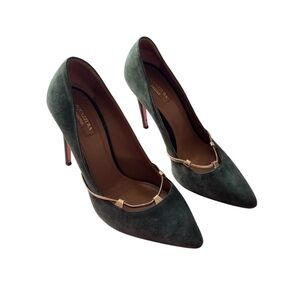 Aquazzura Green Suede Pointed Toe Gold Accent Heels